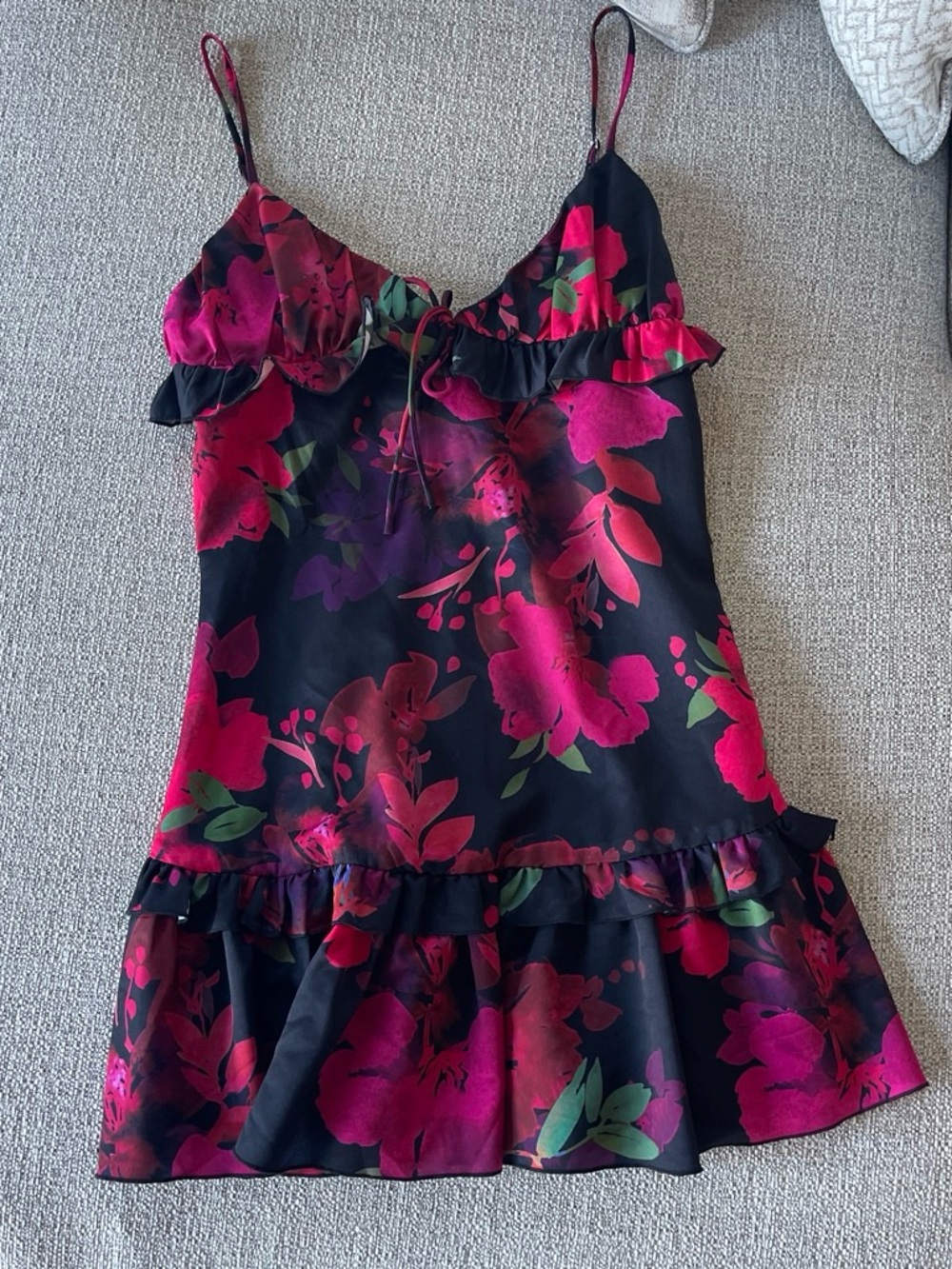 White Fox Boutique Black Mini Dress with Fuchsia Floral Print